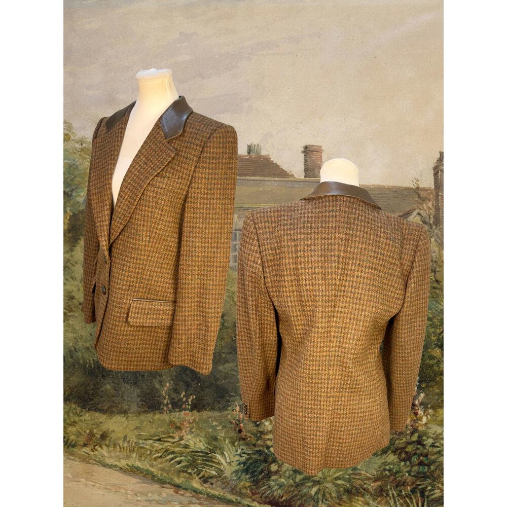 Vintage 80s Escada Equestrian Leather-Trim Rust Brown Tweed Plaid Blazer 6/8 - Picture 4 of 6